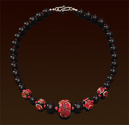One of a kind lampwork glass beads, black onyix pearl necklace, sterling "S" clasp
