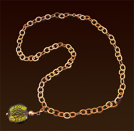 Heavy gold filled chain necklace with lobster clasp, 30", detachable gold foil venetian glass pendant